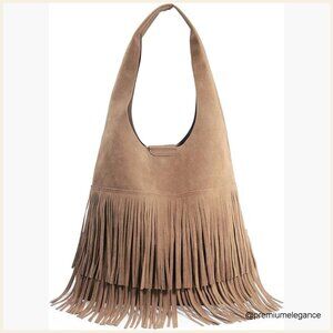 Faux Suede Hobo Bag with Fringe, Spacious for 13" Laptop